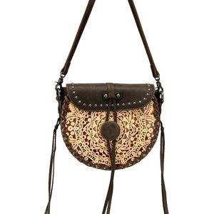 Hair-on-cowhide & genuine leather tooled crossbody
